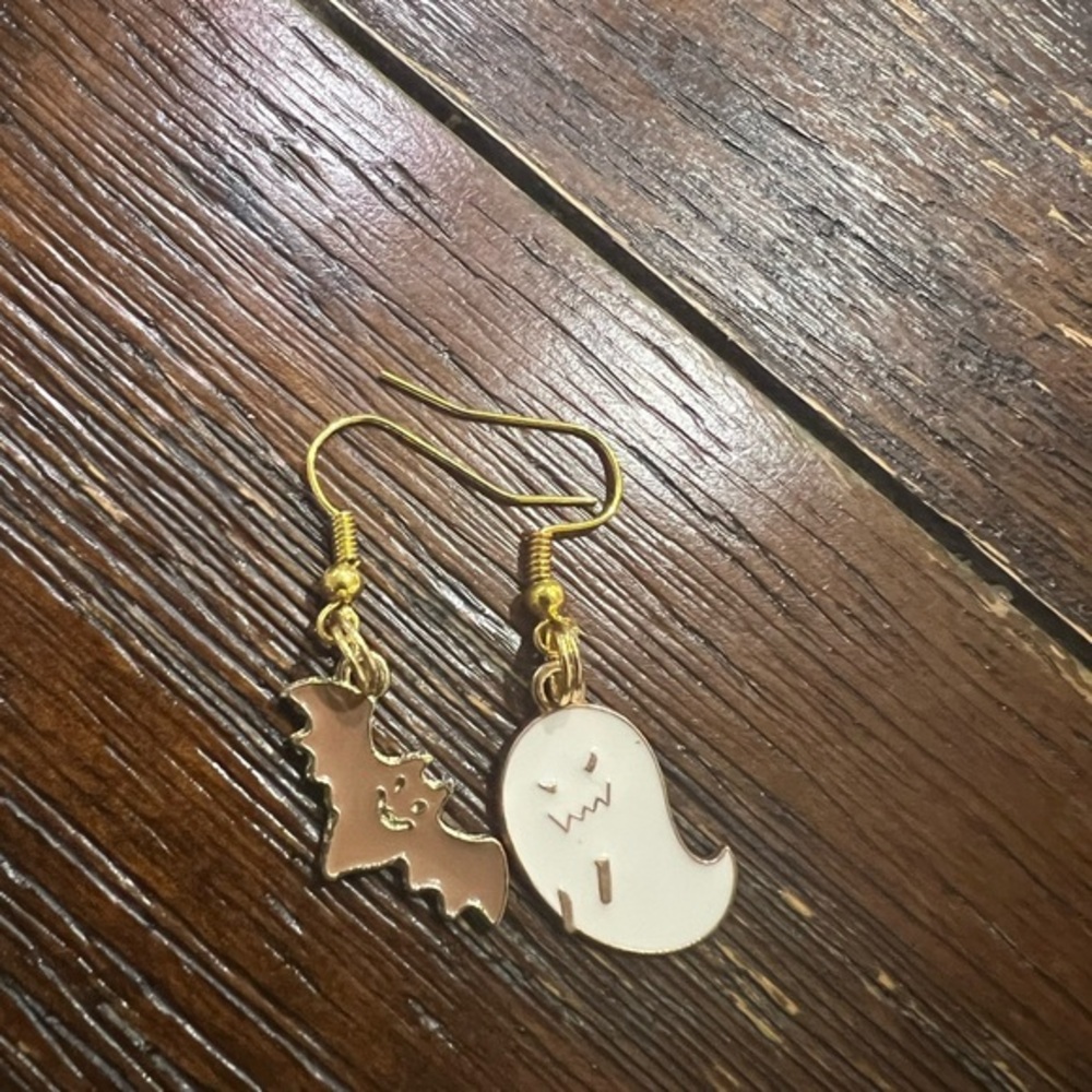 Handmade Gold and White Bat and Ghost Earrings